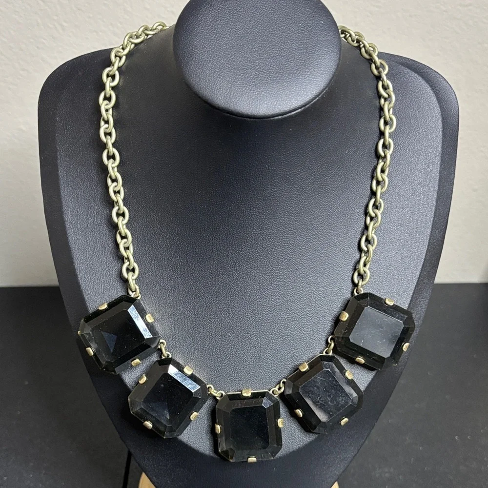 J. Crew Necklace Square Smoky Faceted Crystal Gems Bronze Tone Statement